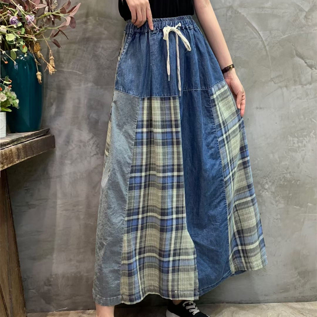 Retro Elastic Waist Color Block Soft Jeans Wide Leg Pants