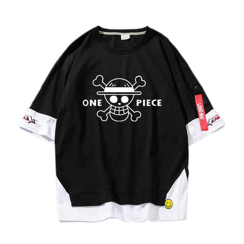 Trendy Anime Luffy Fake Two Piece Short-sleeved T-shirt