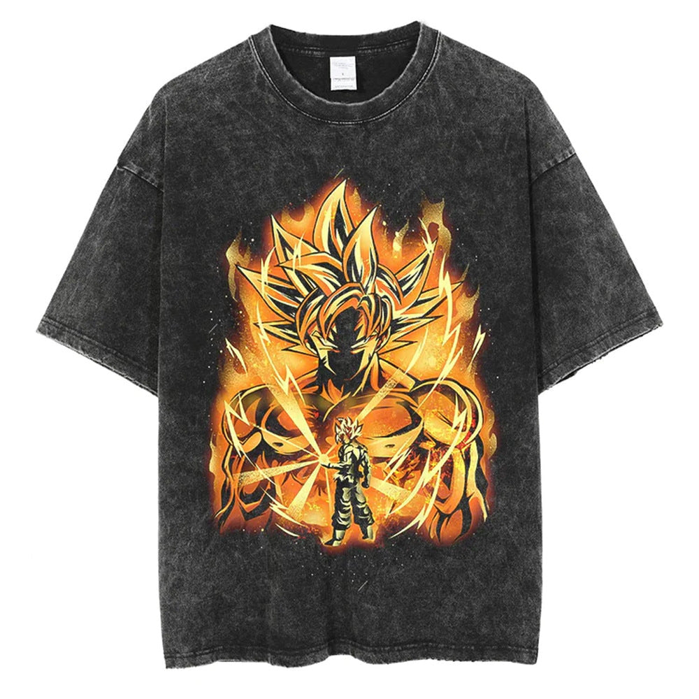 Vintage Washed Anime Print Casual T-shirt