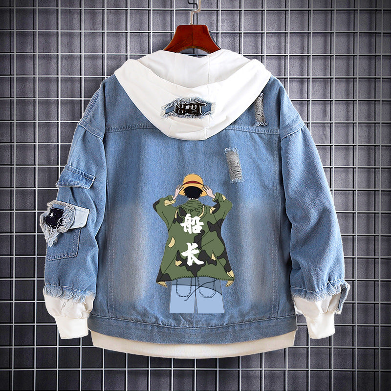 Unisex Luffy Graphic Print Hooded Denim Jacket