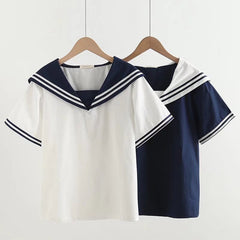 Japanese Style Navy Collar Striped Short-sleeved Shirt