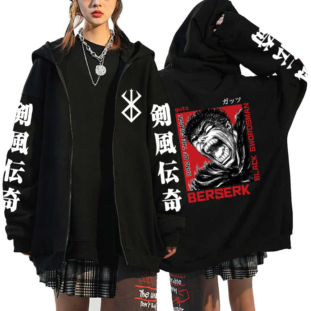 Unisex Anime Printed Black Zipper Hoodie