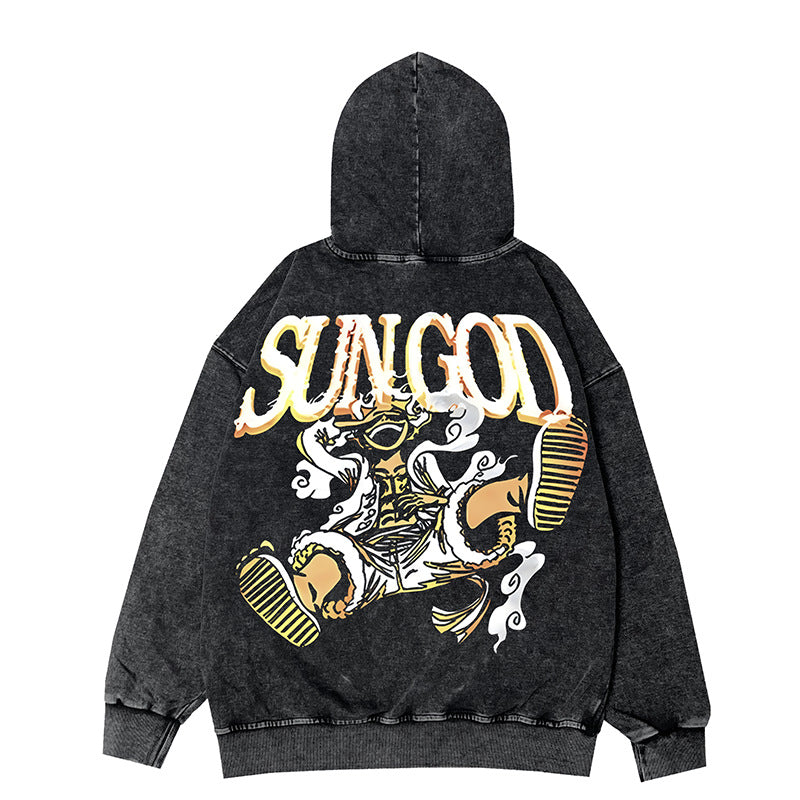 Retro Luffy Anime Zipper Washed Hooded Jacket