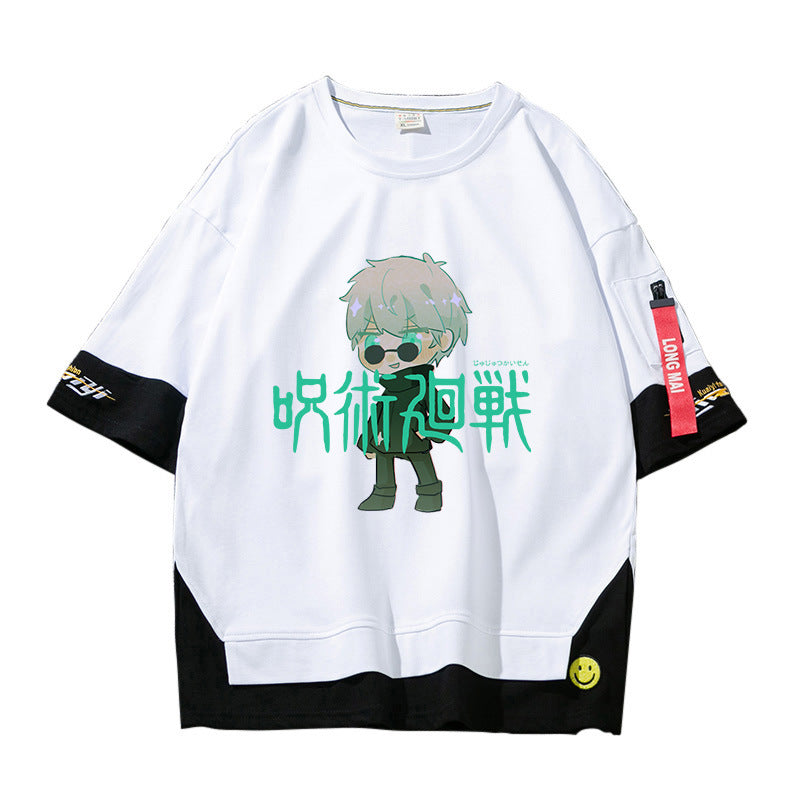 Unisex Anime Fake Two Short-sleeved Loose T-shirt