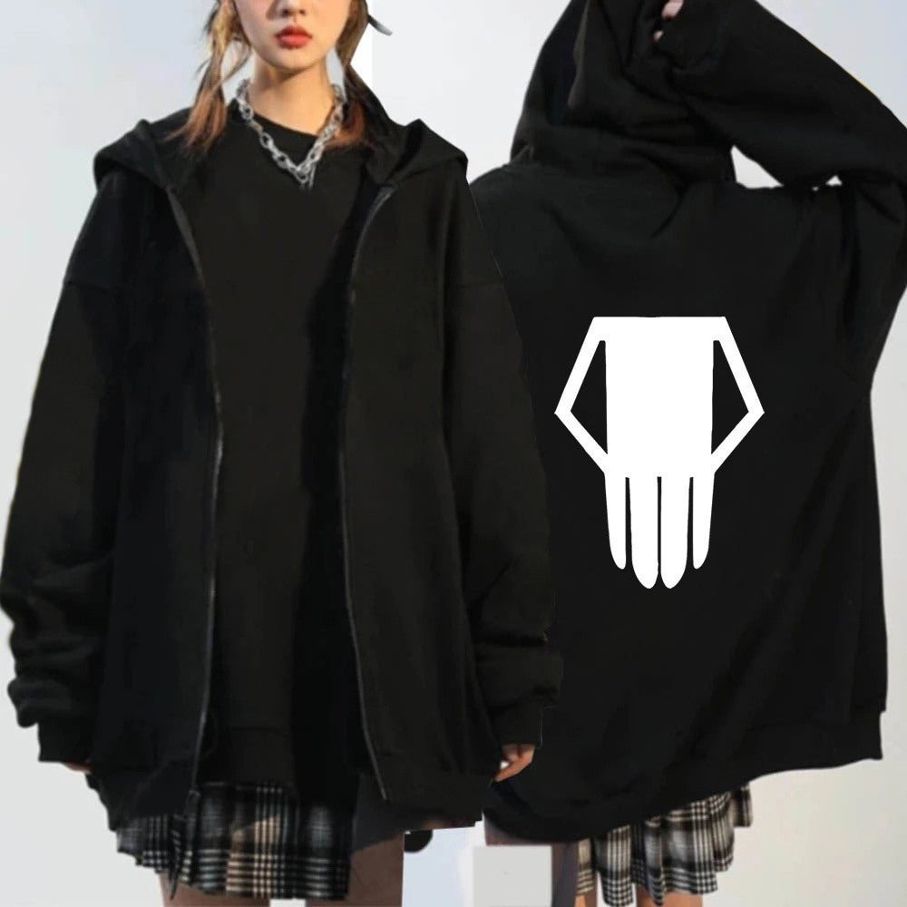 Unisex Anime Printed Zipper Black Pullover Hoodie