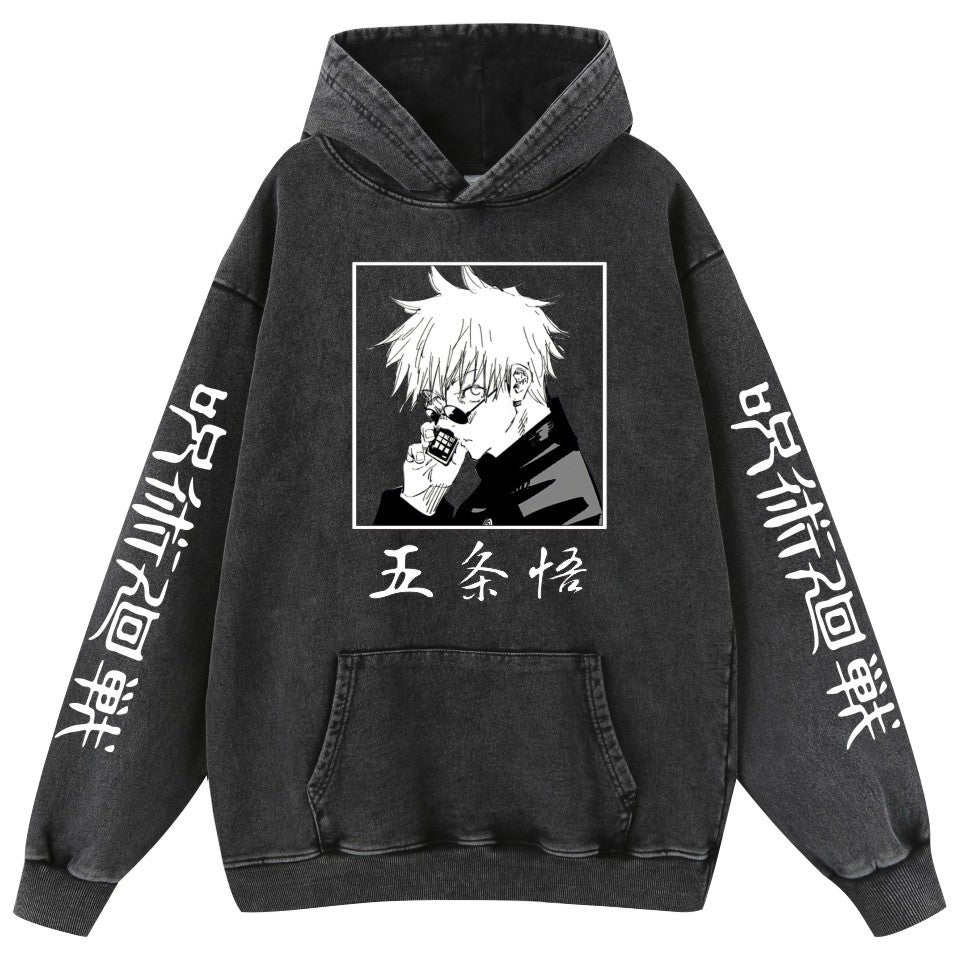 Unisex Retro Washed Anime Pattern Loose Hoodie