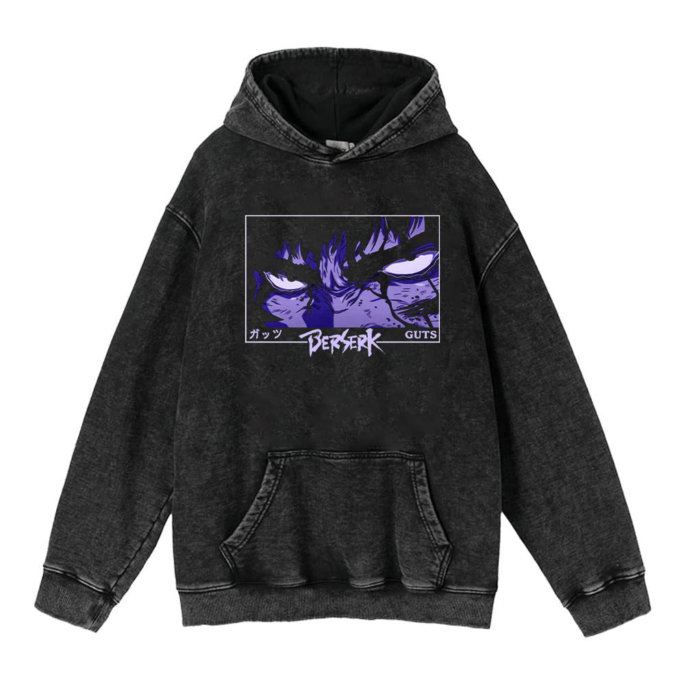 Retro Anime Washed Black Loose Hoodie