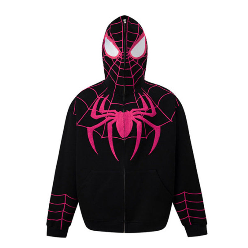 Unisex Gothic Dark Spider Print Zip Up Loose Hoodie