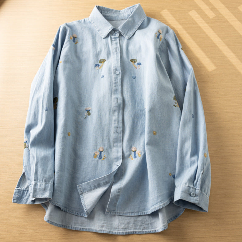 Women's Embroidery Washed Denim Long-sleeved Shirt