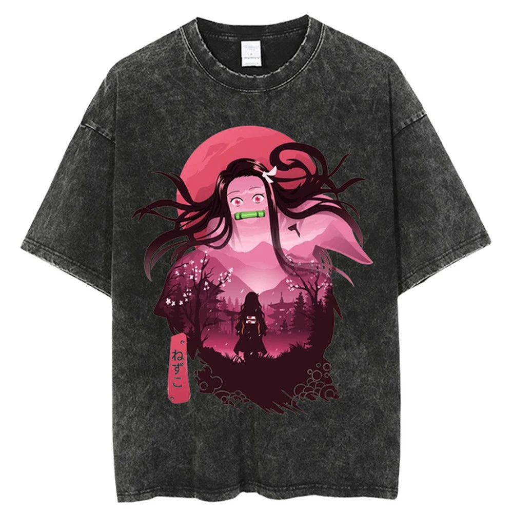 Retro Unisex Washed Anime Loose T-shirt