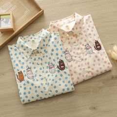 Women's Cartoon Cat Embroidered Polka Dots Shirt