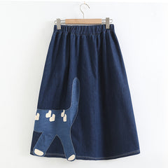 Japanese Style Cat Patch Embroidered A-line Mid Length Skirt