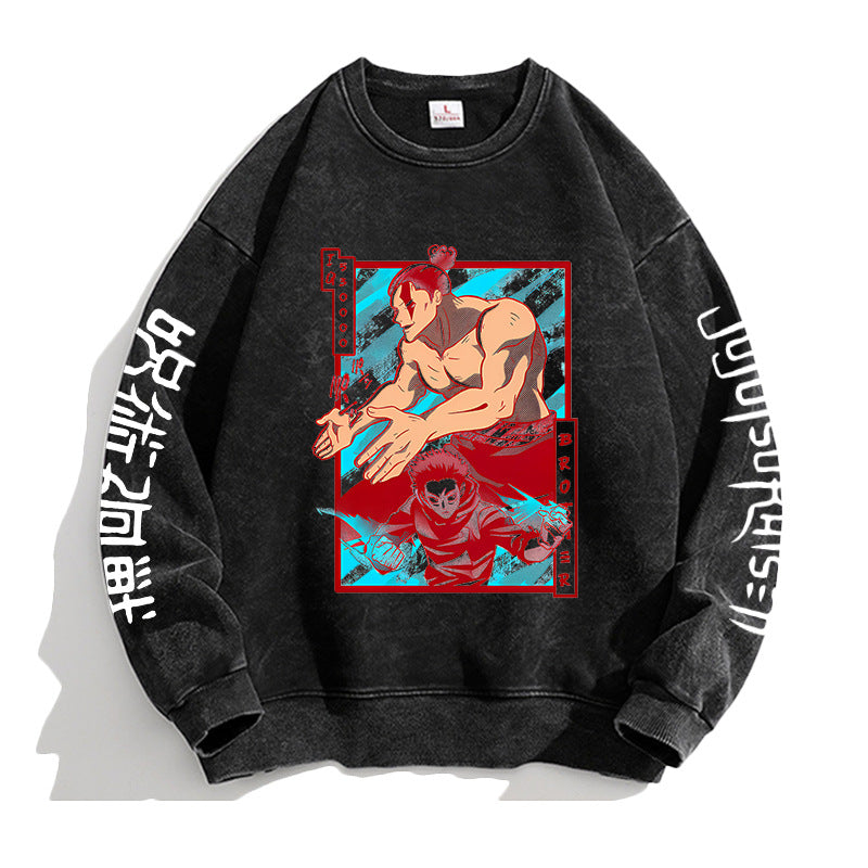 Vintage Washed Round Neck Anime Printed Sweatshirt