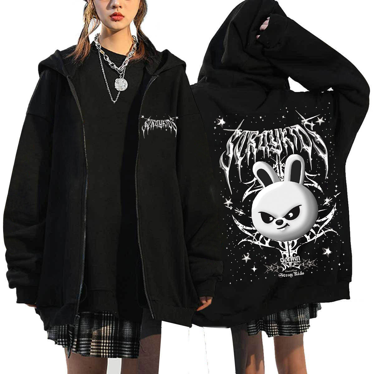 Evil SKZ Animal Characters Print Zip Up Black Hoodie