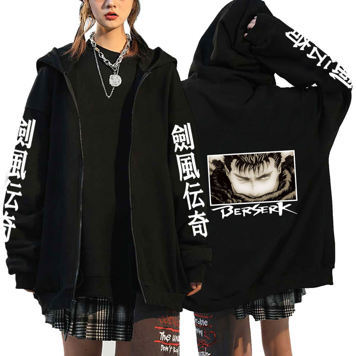 Unisex Anime Print Loose Zipper Black Hoodie