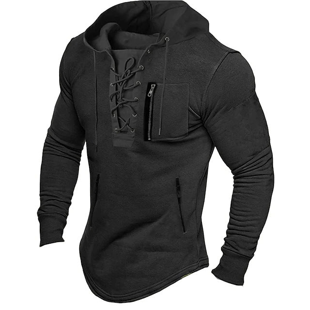 Men's Hooded Lace-up Zipper Pocket Sports Shirt