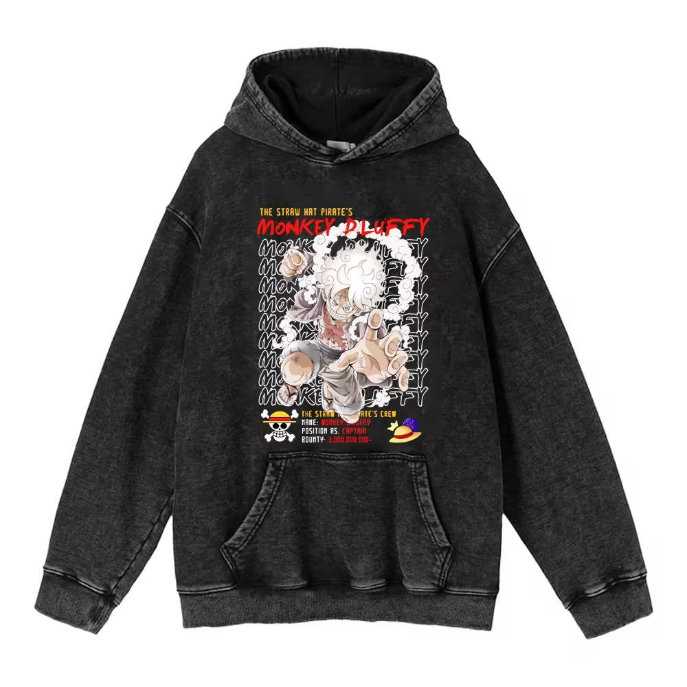 Retro Anime Printed Pullover Washed Hoodie