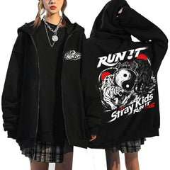 SKZ World Tour Run It Print Zip Up Black Hoodie