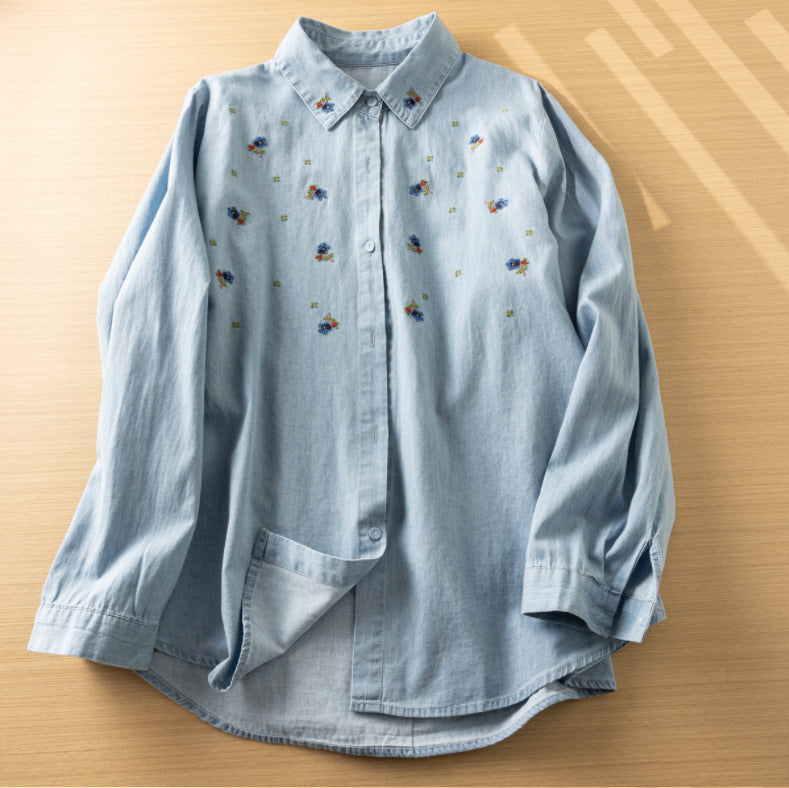Women's Embroidery Washed Denim Long-sleeved Shirt