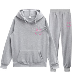 Unisex Smiley Face Print Pullover Hoodie Trendy Sweatpants Set