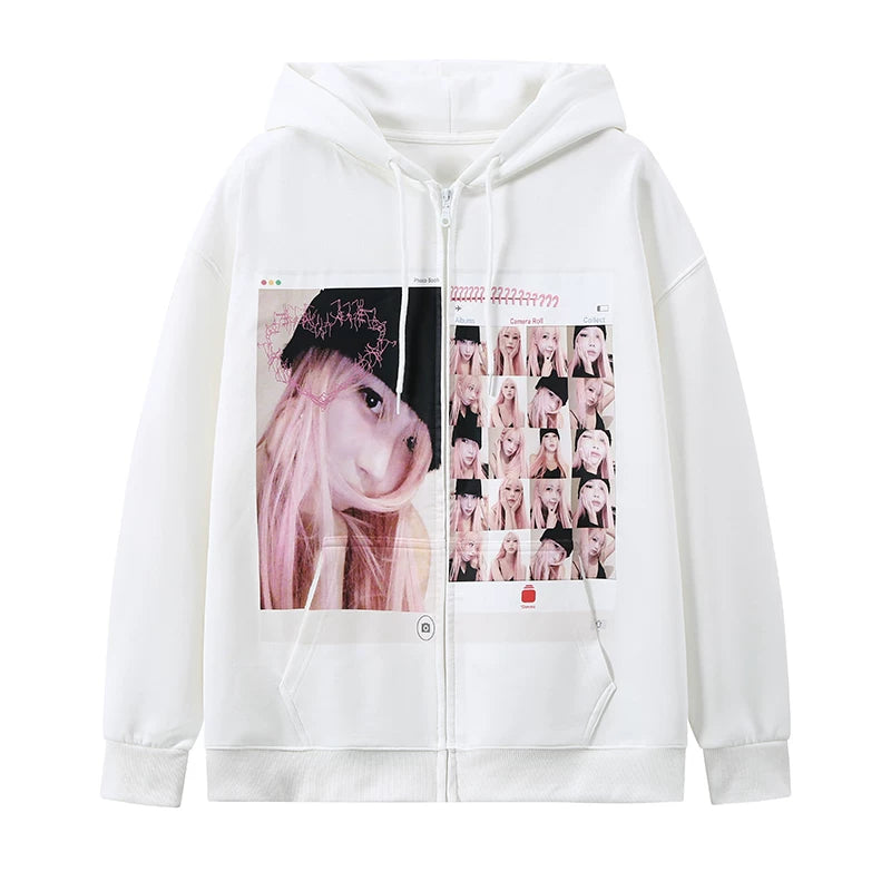 Giselle Graffiti White Zipper Women's Hoodie