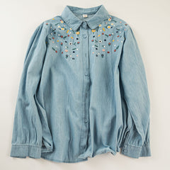 Women's Washed Denim Embroidery Long-sleeved Shirt