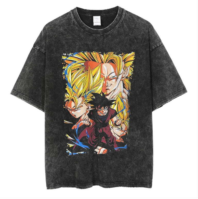 Vintage  Anime Washed Printed Short-sleeved T-shirt