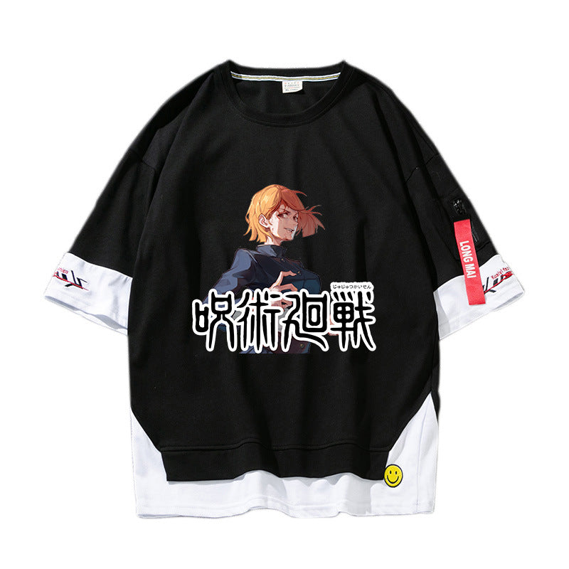 Unisex Anime Fake Two Short-sleeved Casual T-shirt