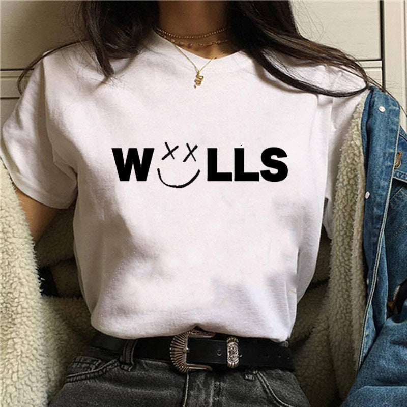 Women's Letter Printed Loose Round Neck T-shirt