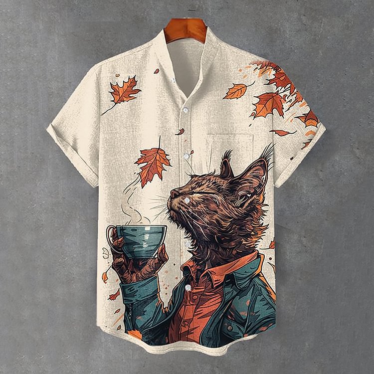 Men's Cat Digital Print Stand-up Collar Shirt