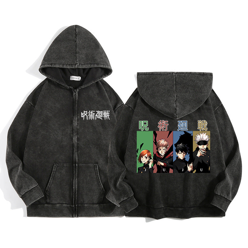 Unisex Anime Printed Washed Casual Zipper Hoodie