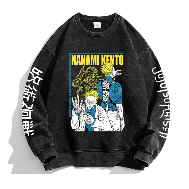 Vintage Washed Round Neck Anime Printed Sweatshirt