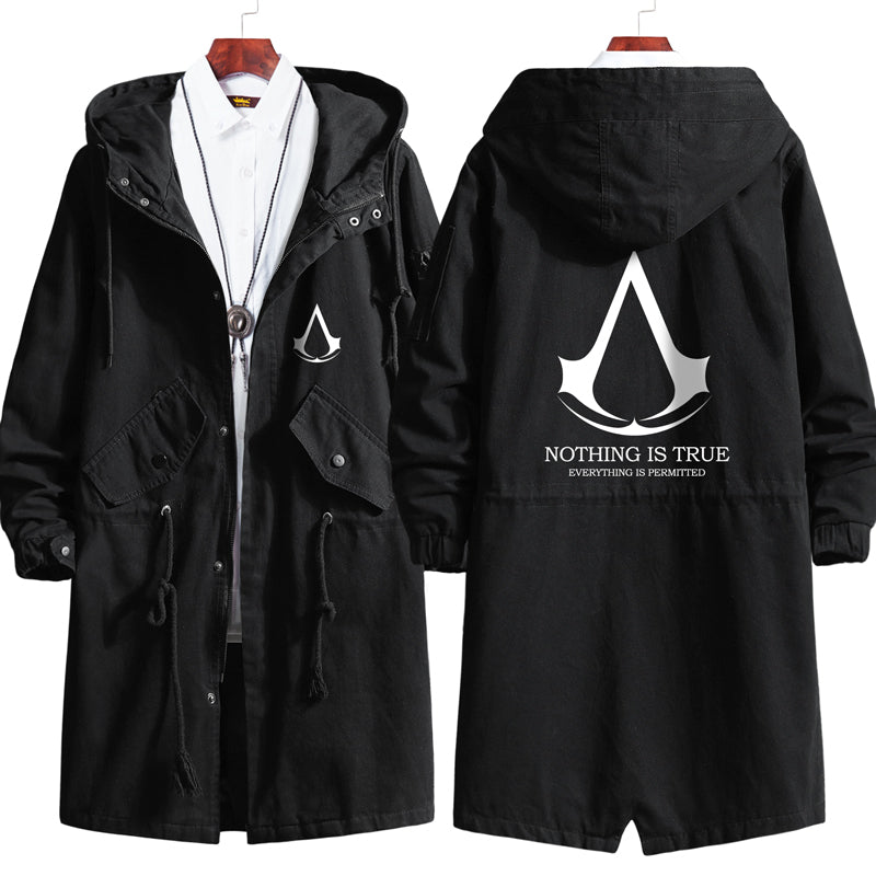 Trendy Game Logo Hooded Long Trench Coat