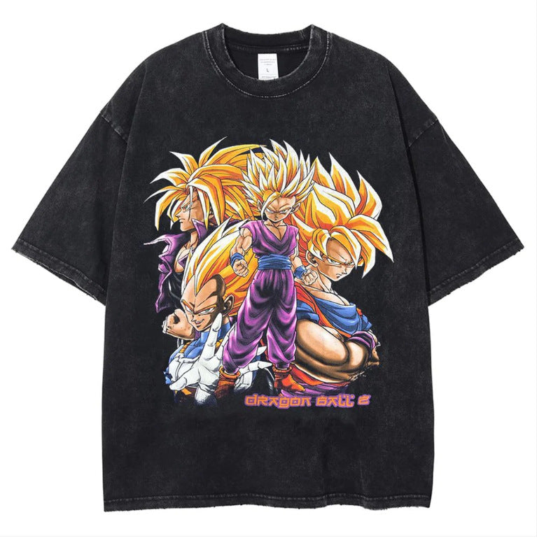 Vintage  Anime Washed Printed Short-sleeved T-shirt