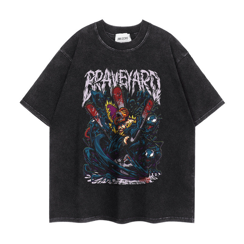 Vintage Anime Pattern Short-sleeved Washed T-shirt