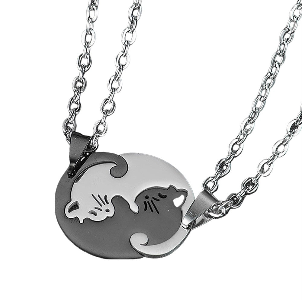 Yin Yang Cat Perfect Matching Couple Heart Necklace Set