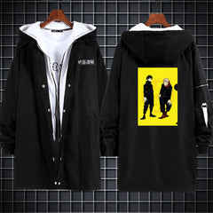 Unisex Anime Printed Hooded Long Trench Coat