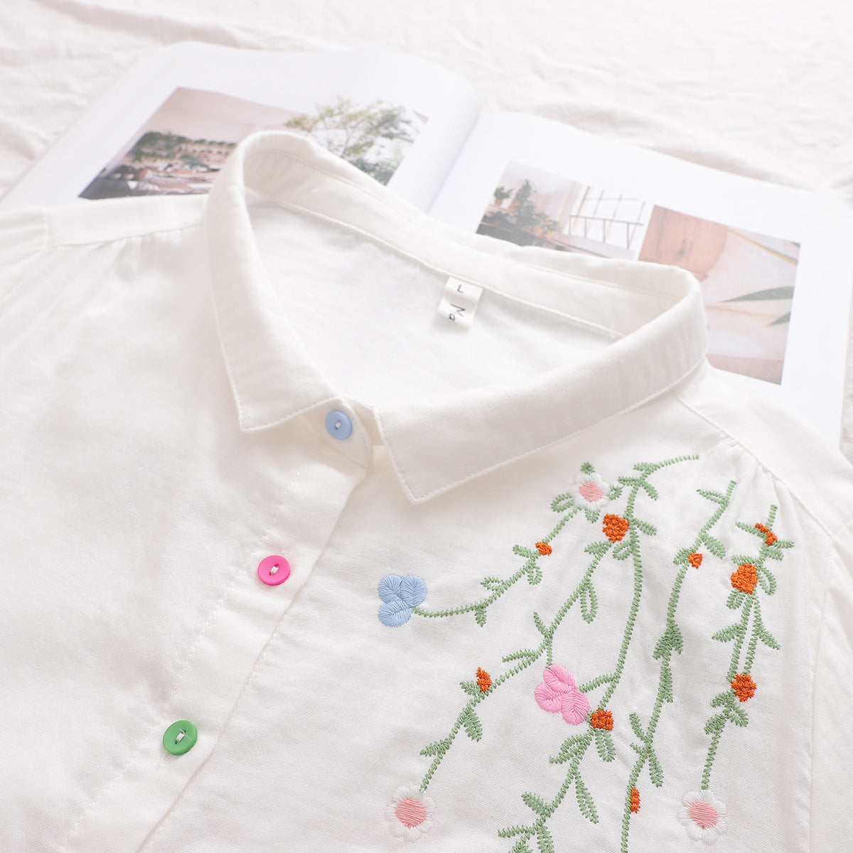 Casual Flower Embroidery Colorful Button Women's Shirt