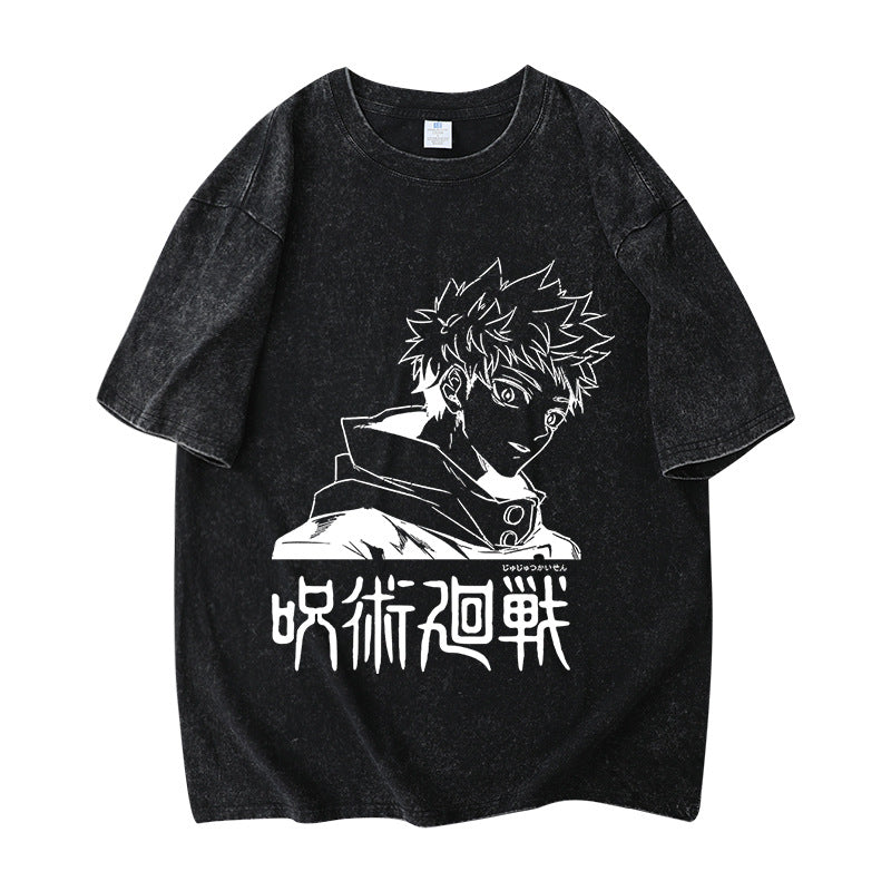 Unisex Anime Washed Short-sleeved Cotton T-shirt