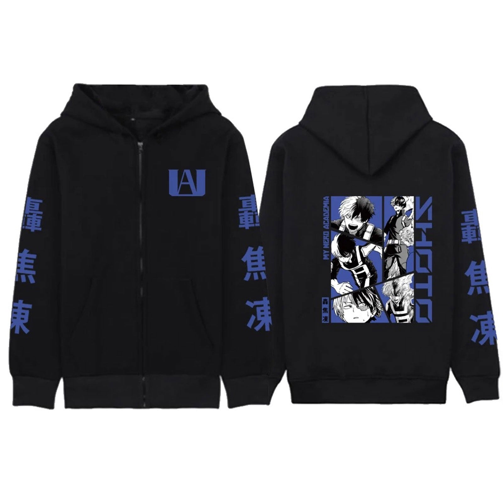 Unisex Anime Letter Printed Zipper Black Hoodie