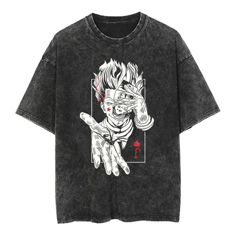 Unisex Anime Pattern Washed Short Sleeve T-Shirt