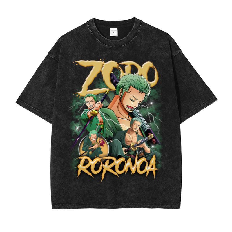 Unisex Anime Graphic Washed Black T-shirt
