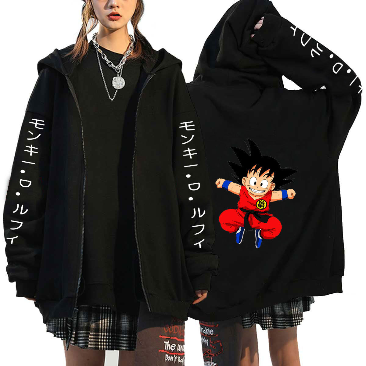 Unisex Goku Print Black Zipper Hoodie