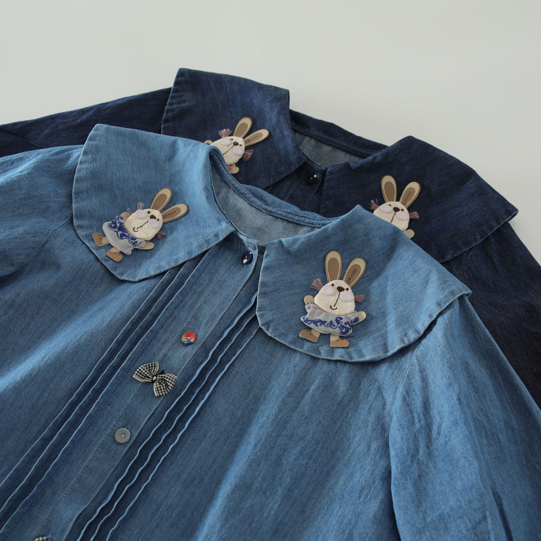 Cute Rabbit Embroidered Doll Collar Washed Denim Short Sleeved Shirt