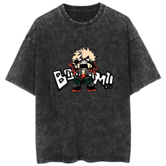 Casual Anime Deku Dabi Pattern Washed T-shirt
