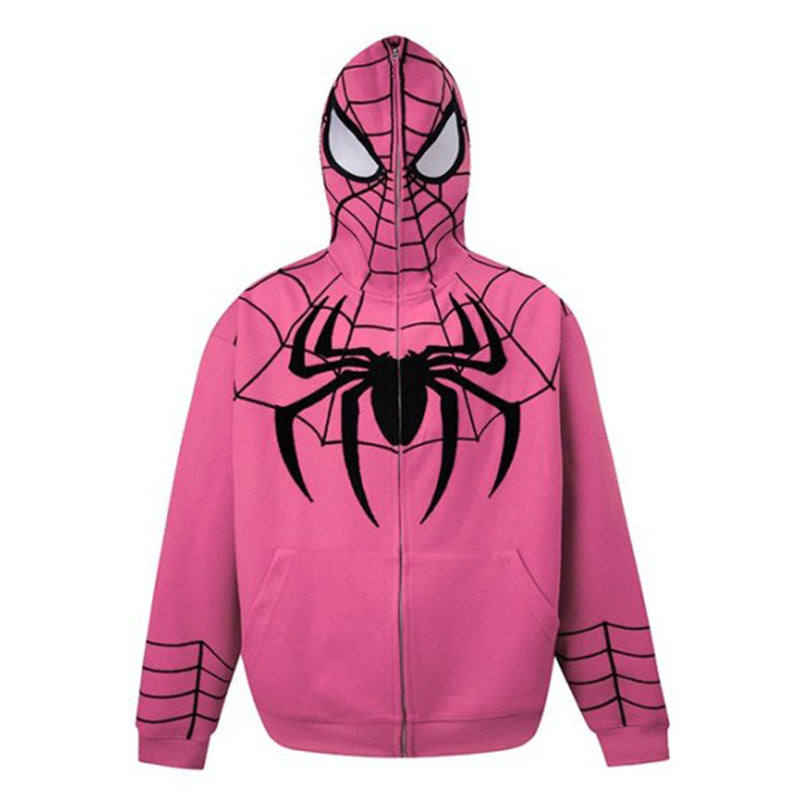 Unisex Gothic Dark Spider Print Zip Up Loose Hoodie