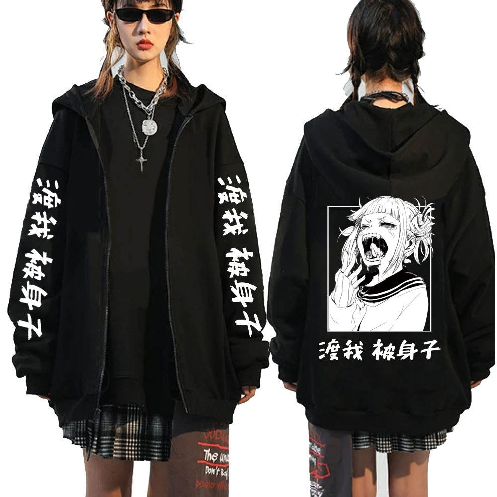 Unisex Casual Anime Printed Zipper Black Hoodie