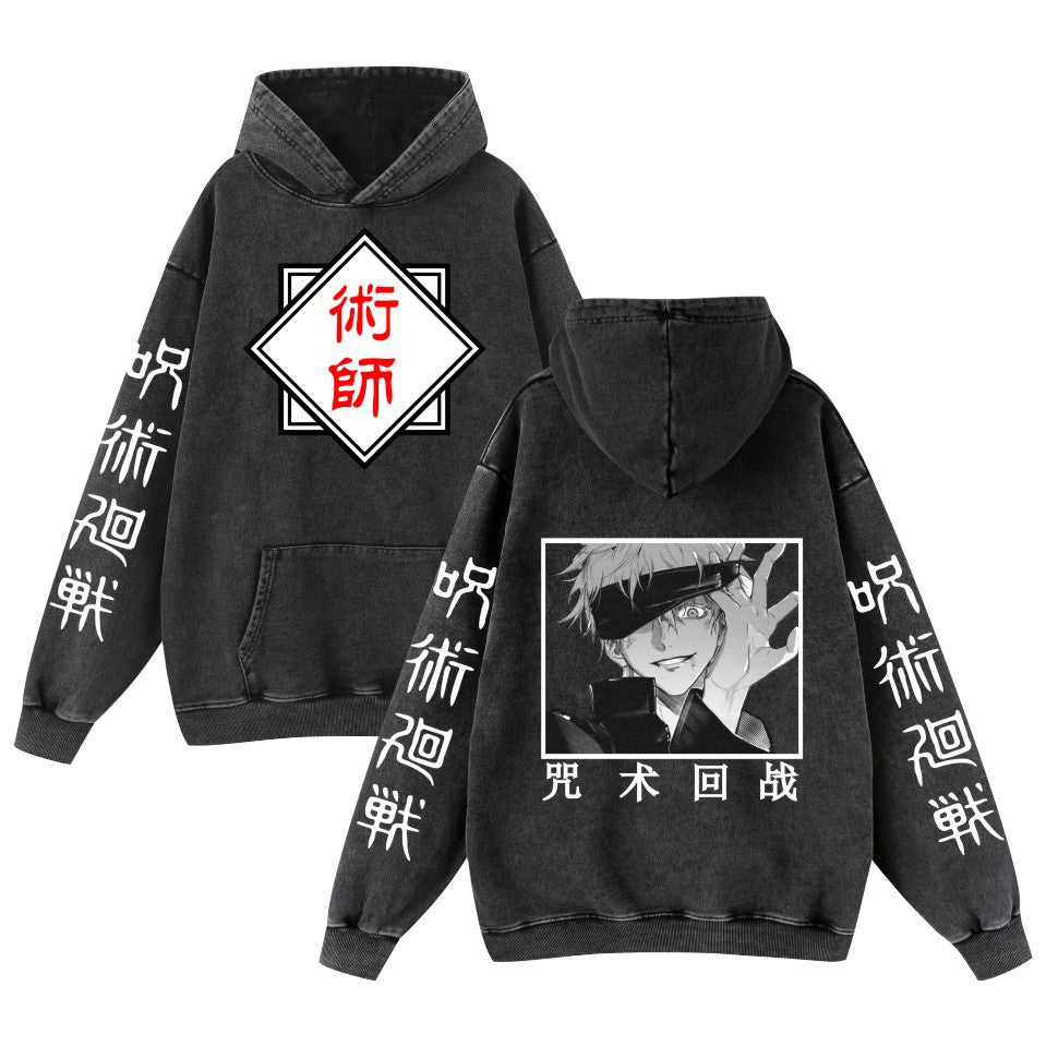 Unisex Retro Washed Anime Pattern Loose Hoodie