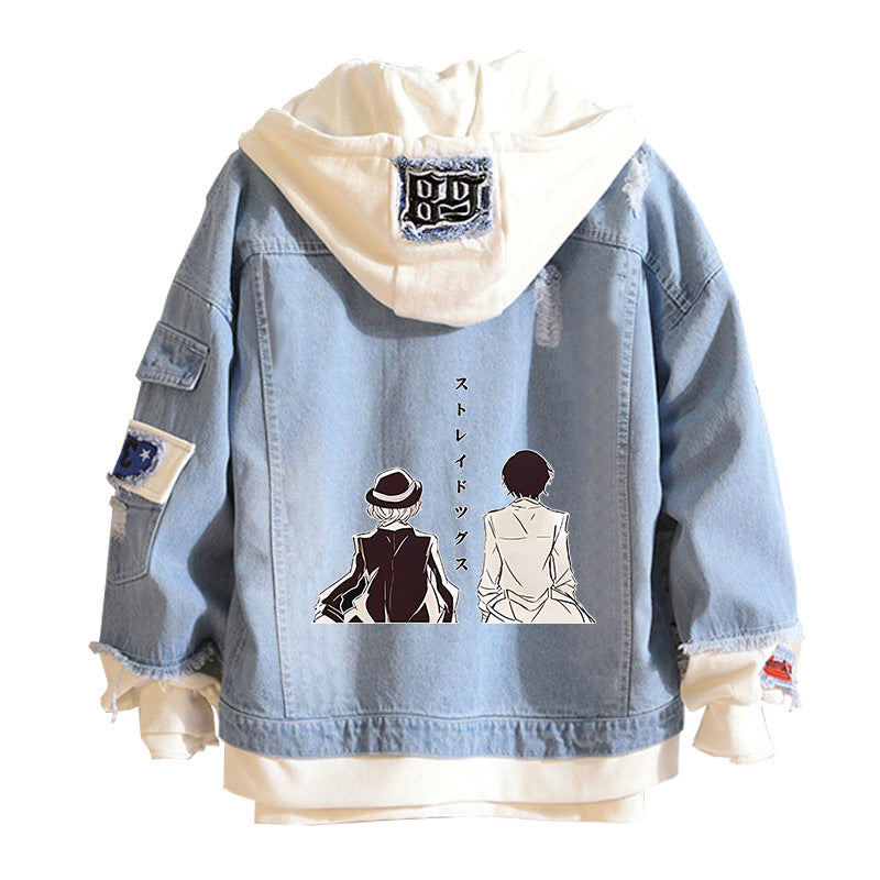Casual Anime Print Hooded Denim Jacket