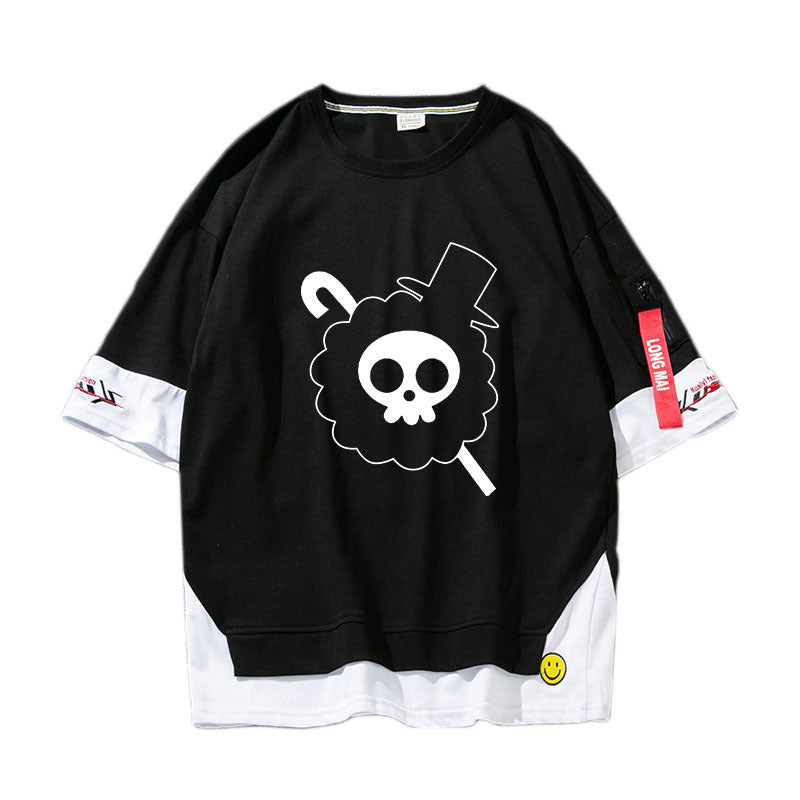 Trendy Anime Luffy Fake Two Piece Short-sleeved T-shirt